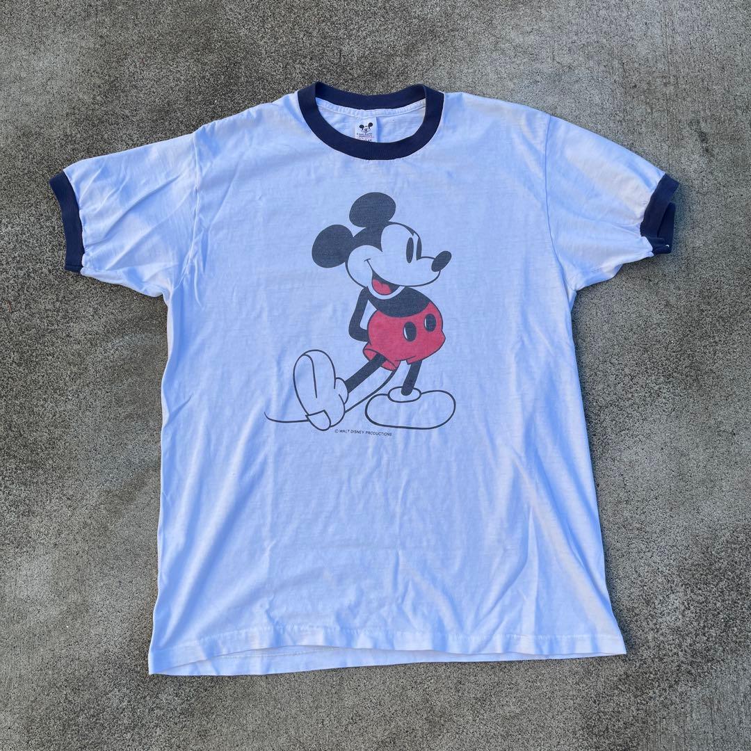 Disney 白足 ミッキーマウス L リンガーT USA製 青タグ