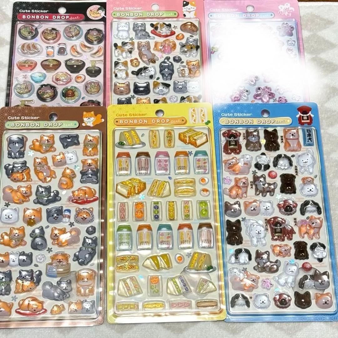 【国内正規品】6枚セット 和柄　ボンボンドロップシール　犬猫 サンドイッチ