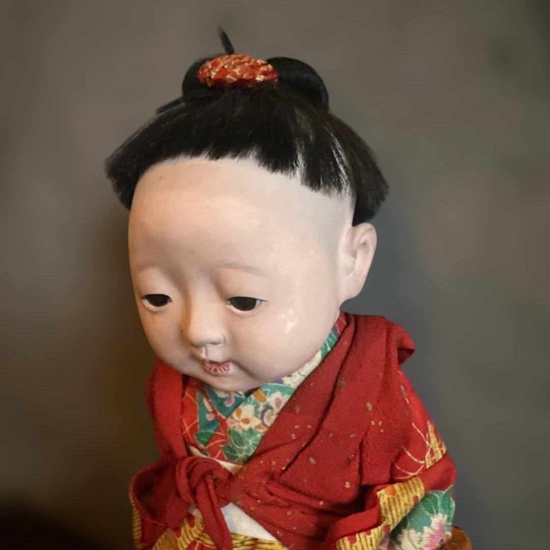 最終お値下げ‼️ヴィンテージ　市松人形 赤と緑の花柄着物　幼子　かわいいあんよ