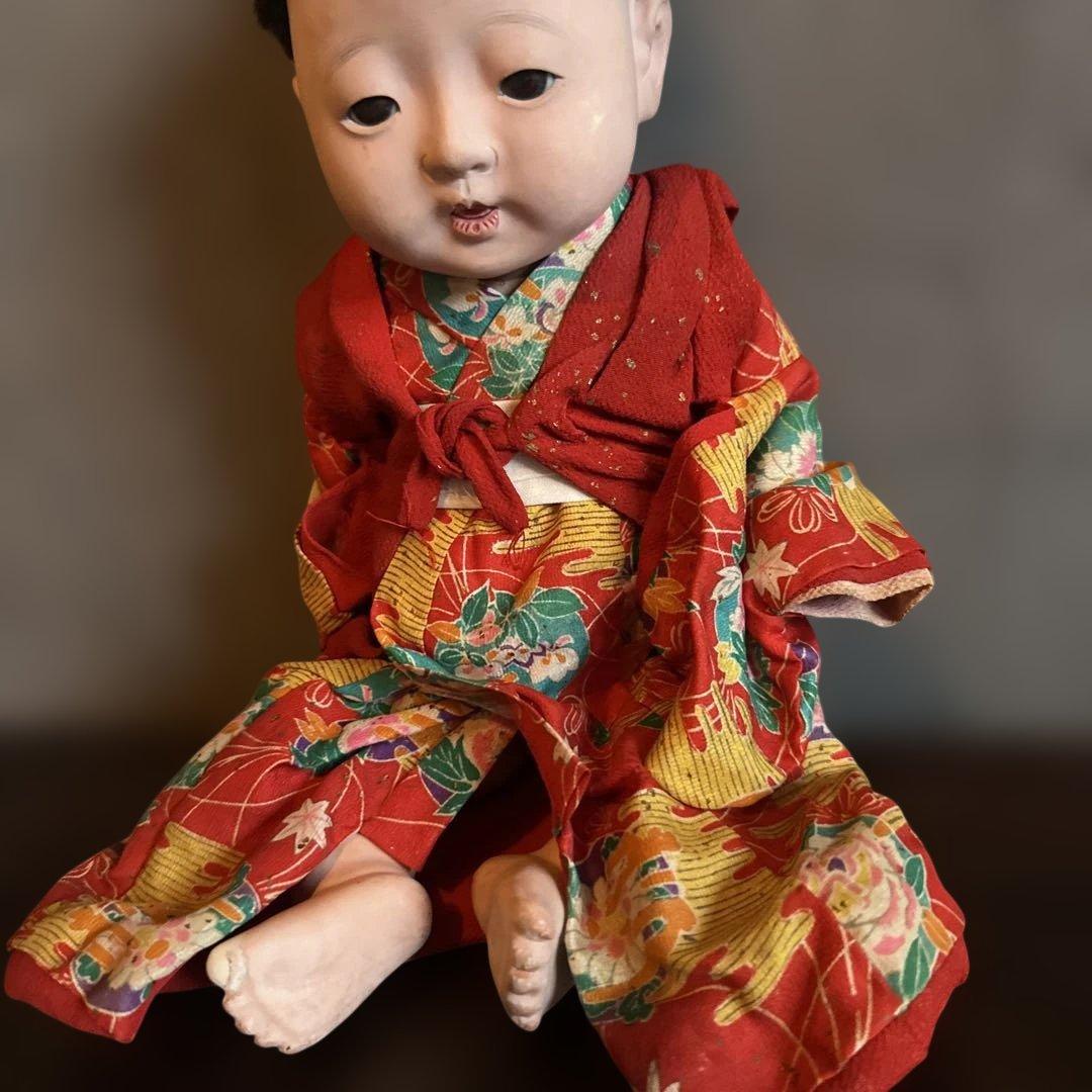 最終お値下げ‼️ヴィンテージ　市松人形 赤と緑の花柄着物　幼子　かわいいあんよ