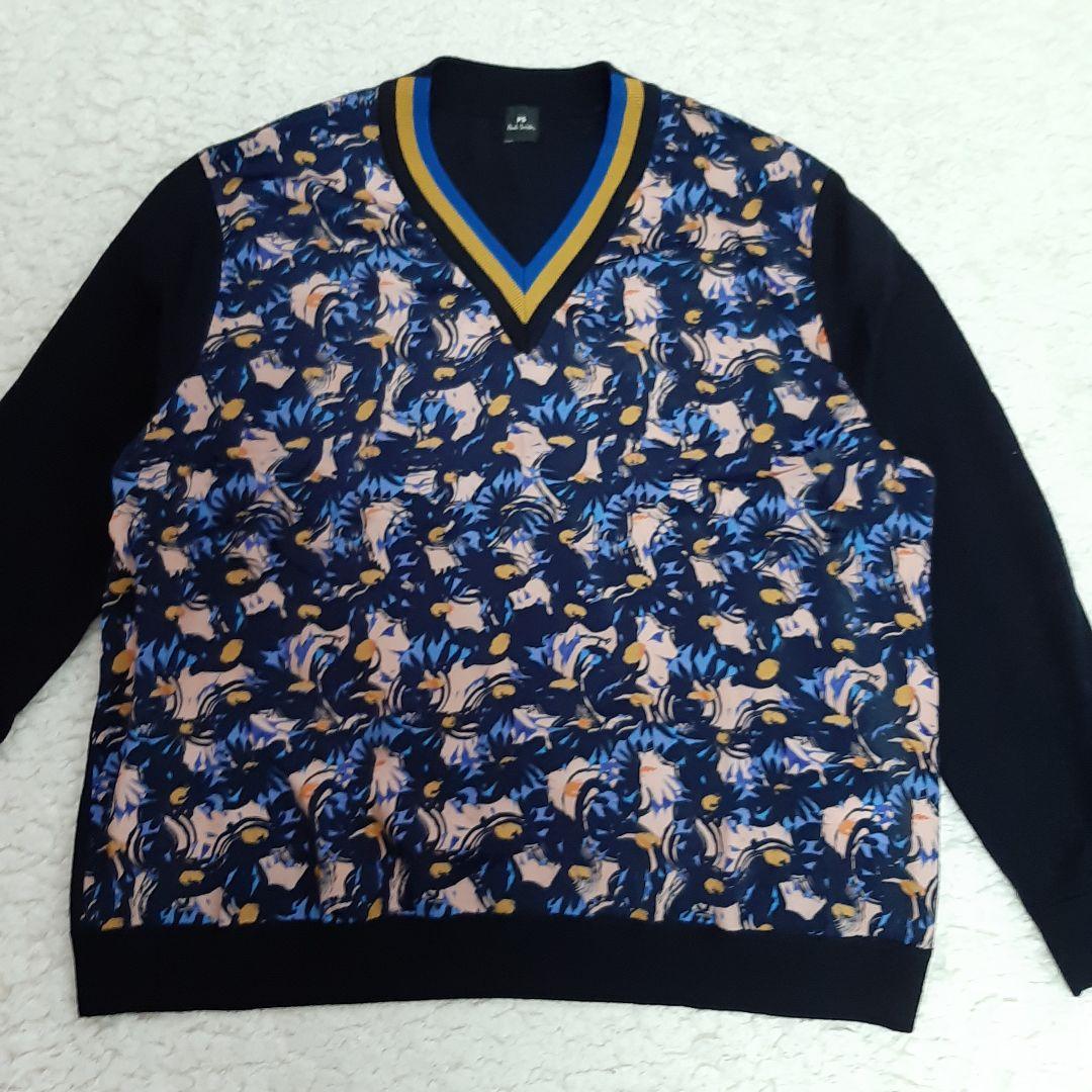 美品　PS ポールスミス Vネック セーター ネイビー　XL　花柄　薄手