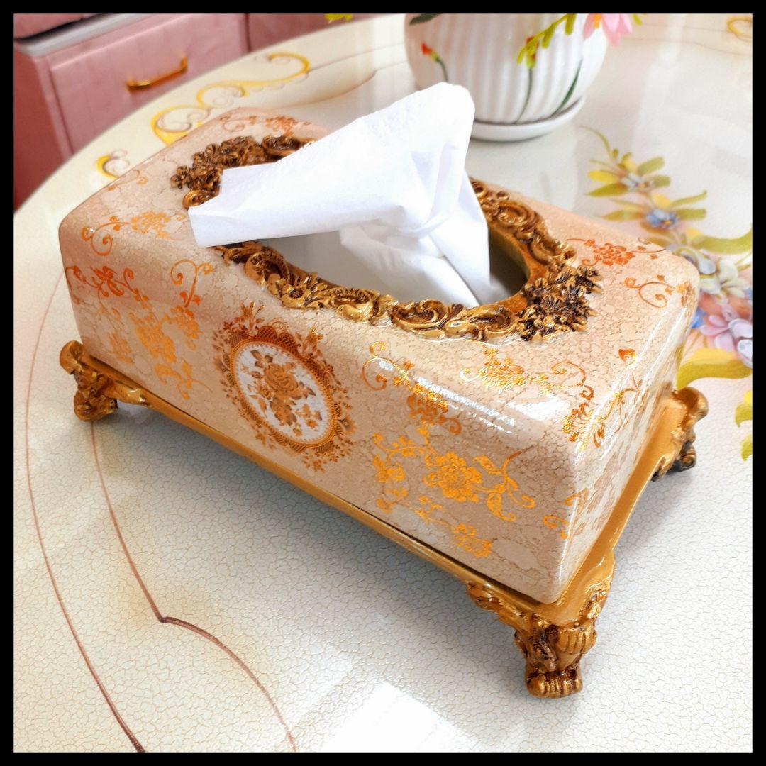 輸入雑貨　シノワズリ　『薔薇のティッシュBOX』　ゴールド　薔薇柄　リビング