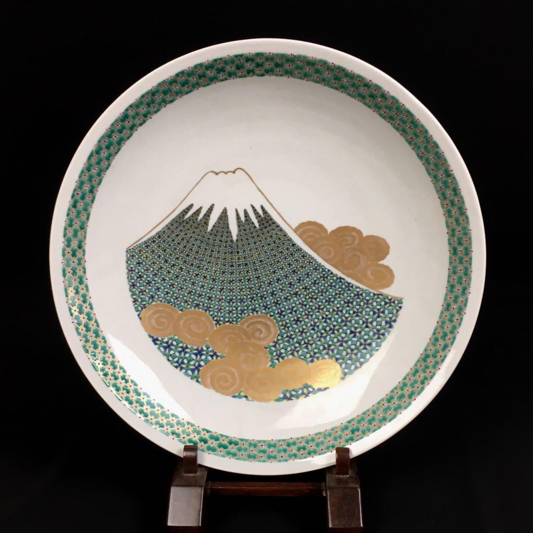 S334九谷焼 極彩色富士小紋様 飾皿 大皿 四代 上出喜山作 共箱