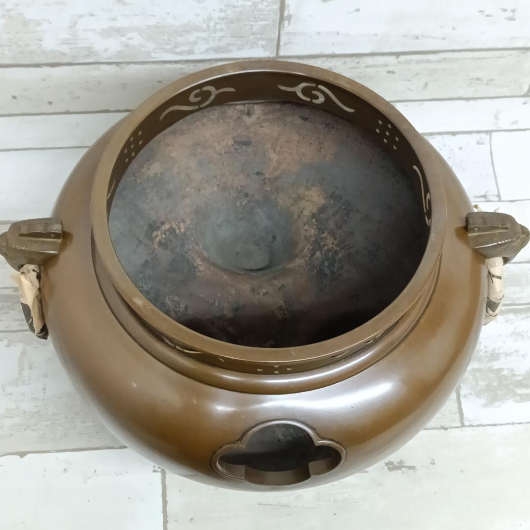 K113 茶道具 釜師 畠春斎 造 唐銅 鬼面風炉釜 茶釜 共箱 蓋物 三足