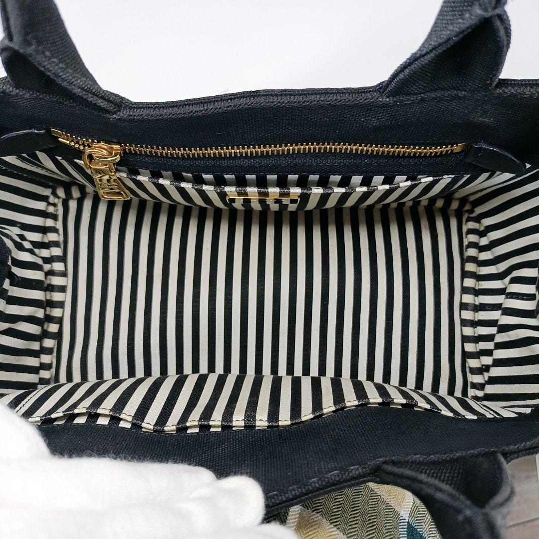 正規美品　プラダ　カナパ　ハンドバッグ　三角ロゴ　ゴールド金具　デニム　ブラック