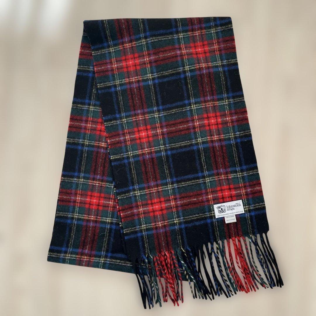 【美品】カシミヤ100%ジョンストンズ　マフラー ブラックスチュワート　小判