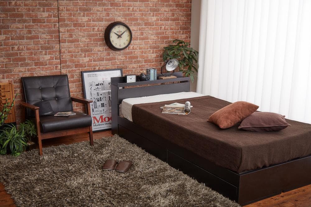 【新品・送料無料】【セミダブル】Pluto 収納付きベッド（マットレス付き）