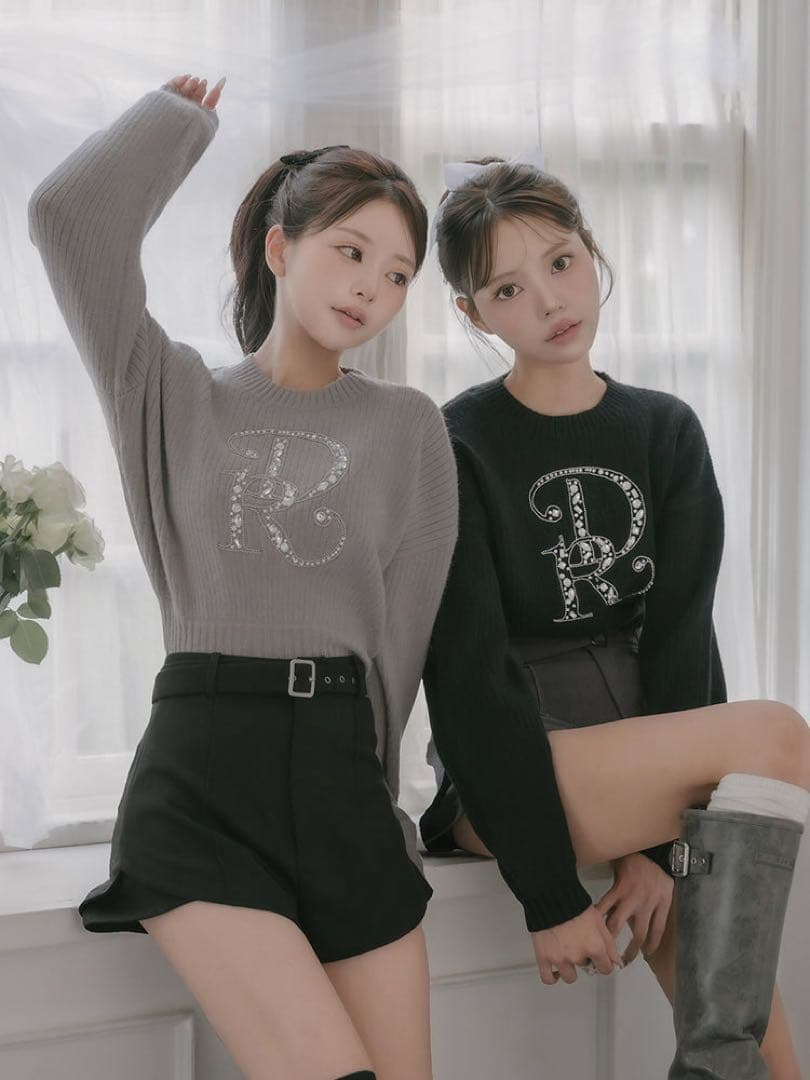 Darian ダーリッチ　DRビジューボリュームリブニットトップス