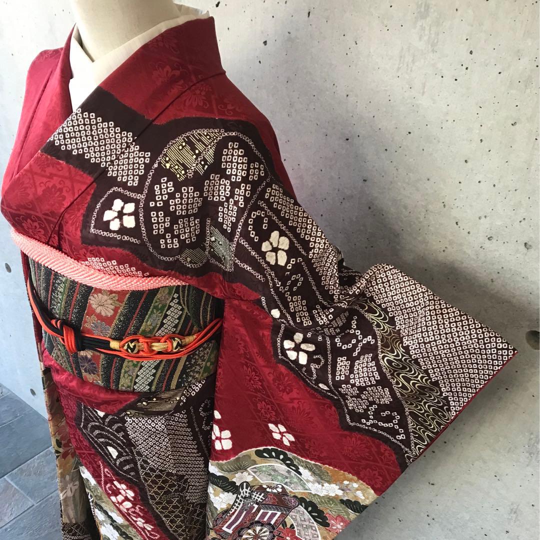 正絹　上質な振袖　絞りに金箔　松御所車桜菊