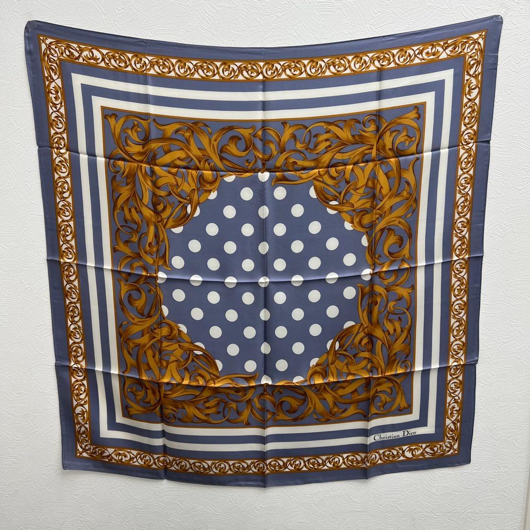 【Y】Dior ディオール シルク スカーフ ブルー ゴールド