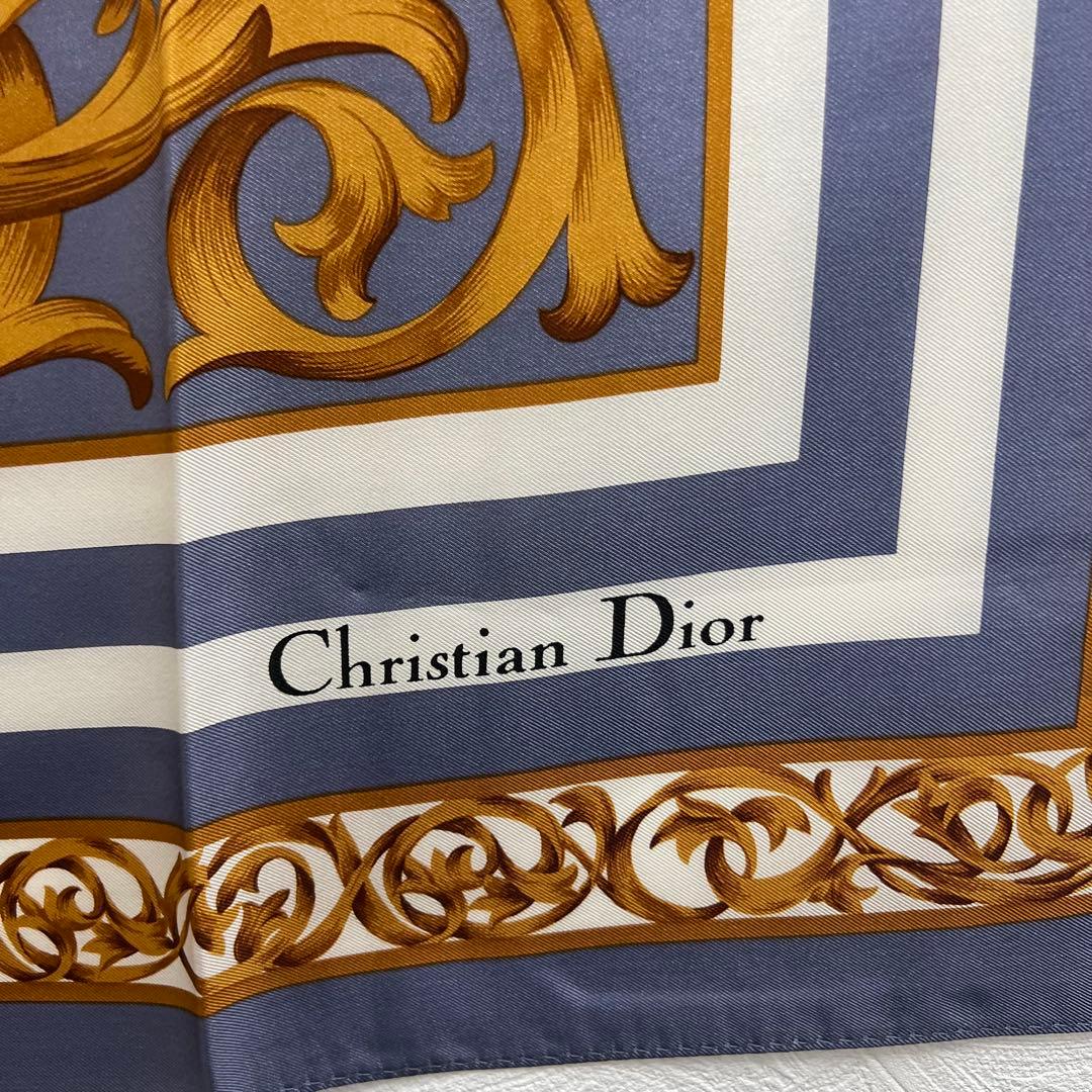 【Y】Dior ディオール シルク スカーフ ブルー ゴールド
