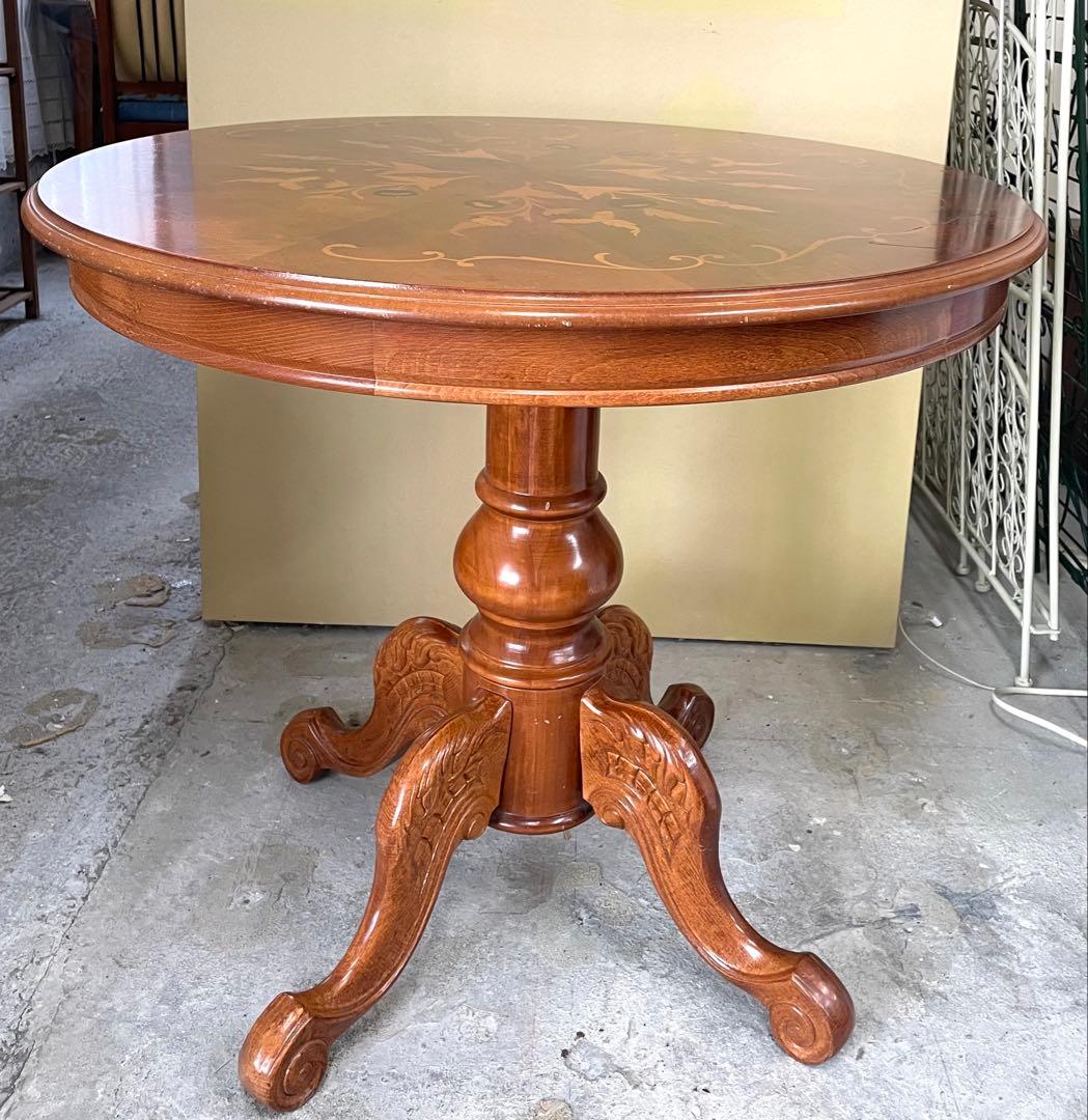 丸テーブル ダイニングテーブル アンティーク 彫刻 猫脚 イタリー 象嵌