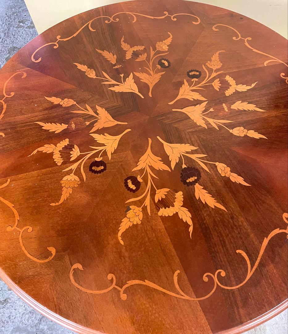 丸テーブル ダイニングテーブル アンティーク 彫刻 猫脚 イタリー 象嵌