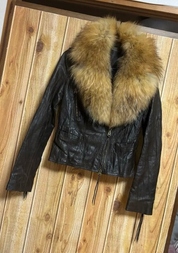 goa 本革レザーライダースジャケット　フォックスファー　ダークブラウン　ゴア