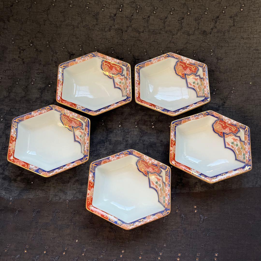 有田焼　其泉　染錦金彩　松竹梅鶴絵　高台　六角小鉢　小皿　5枚組