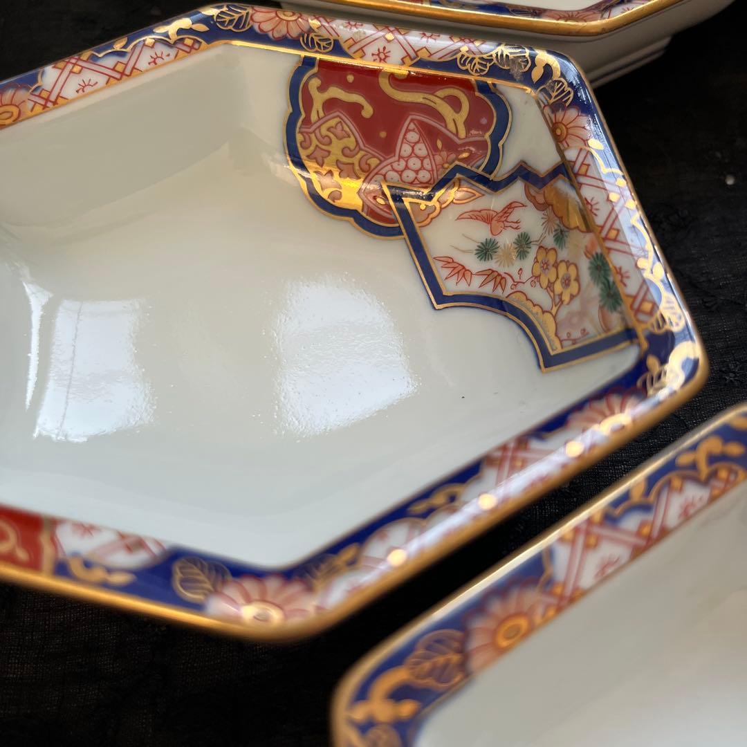 有田焼　其泉　染錦金彩　松竹梅鶴絵　高台　六角小鉢　小皿　5枚組