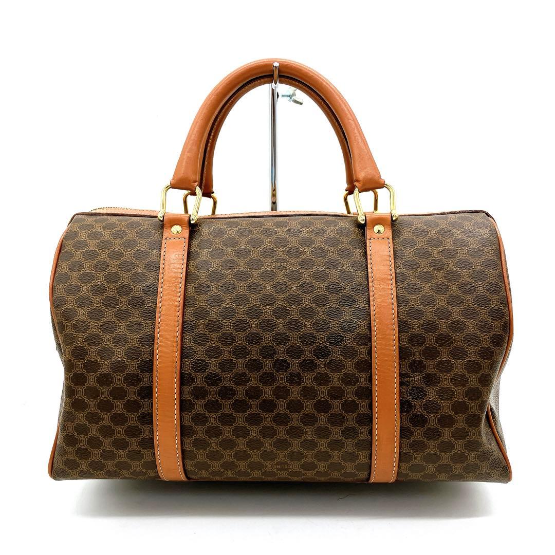 【CELINE】ミニボストンバッグ　ゴールド金具　マカダム柄　ブラウン　PVC