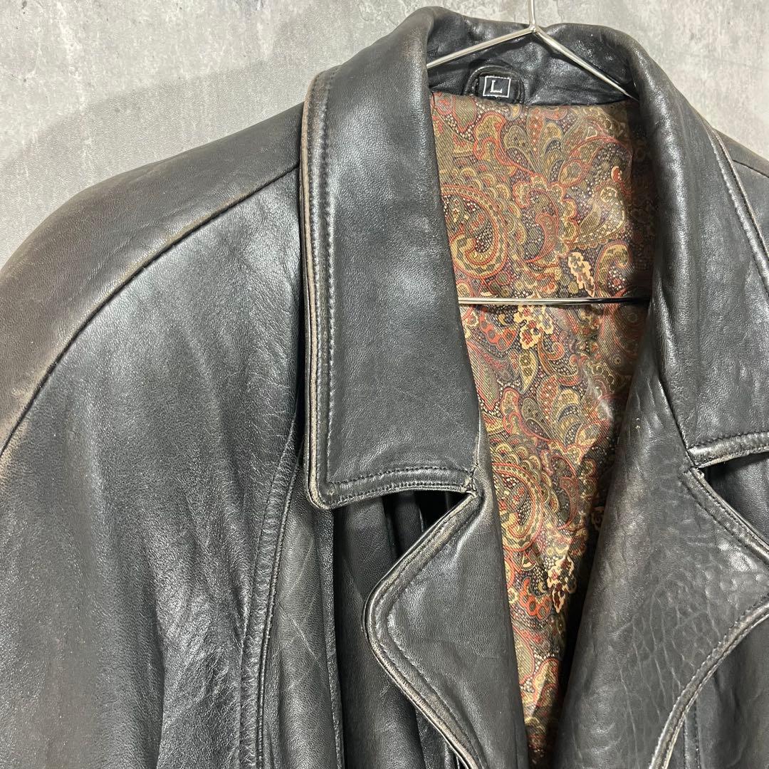 P*I様 90s 羊革 ダブル レザージャケット L 黒 ラムレザー ペイズリー