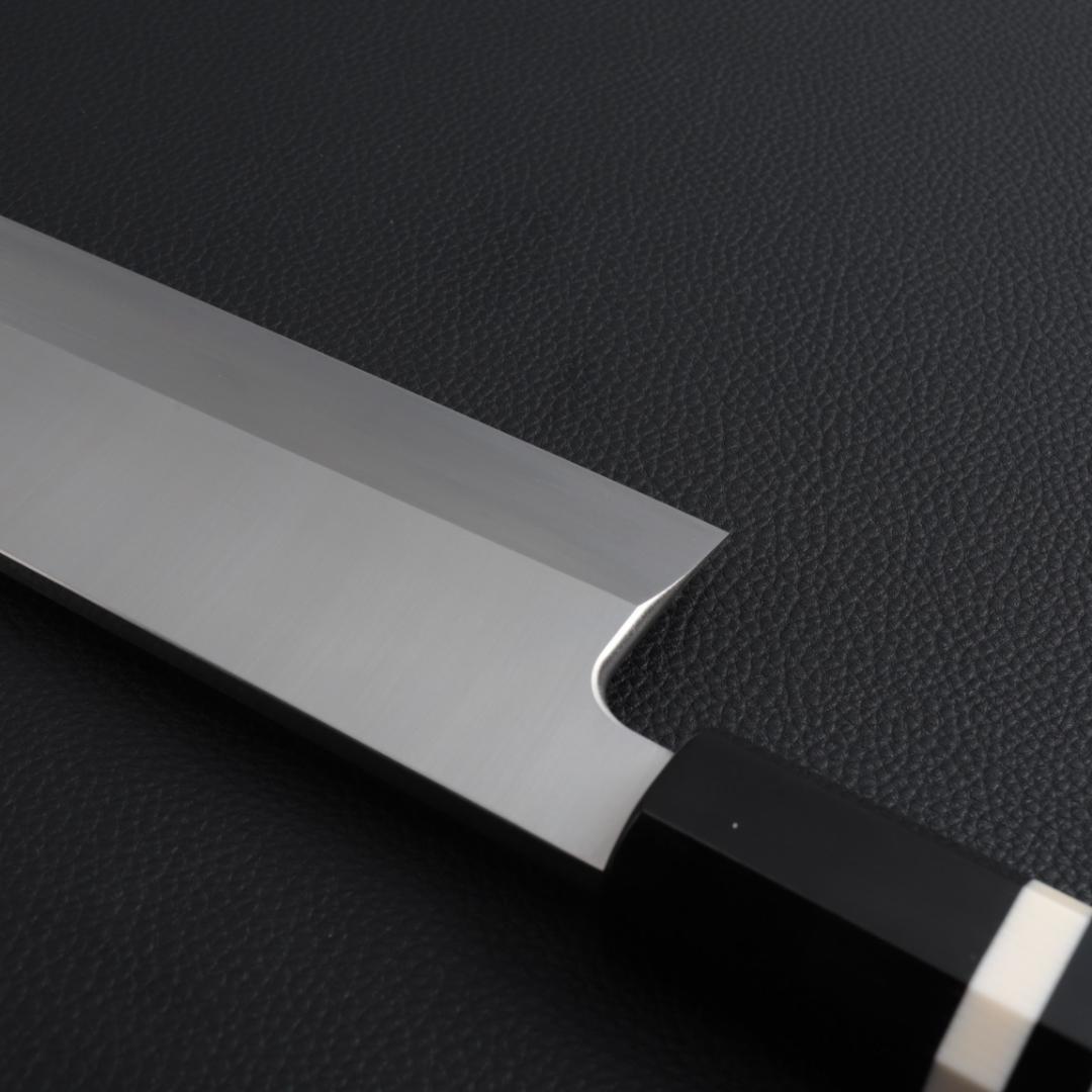 8843 鎌型薄刃 8寸 刺身包丁 刃は究極の切れ味 黒檀黒水牛角白三本巻八角柄