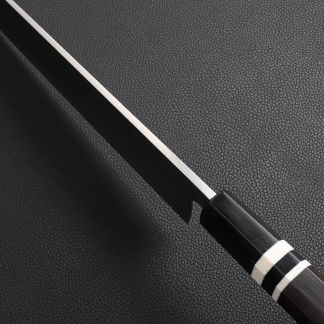 8843 鎌型薄刃 8寸 刺身包丁 刃は究極の切れ味 黒檀黒水牛角白三本巻八角柄