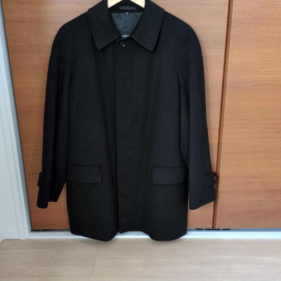 サンヨーコート メンズ カシミヤ100% ステンカラーコート 黒　比翼ボタン