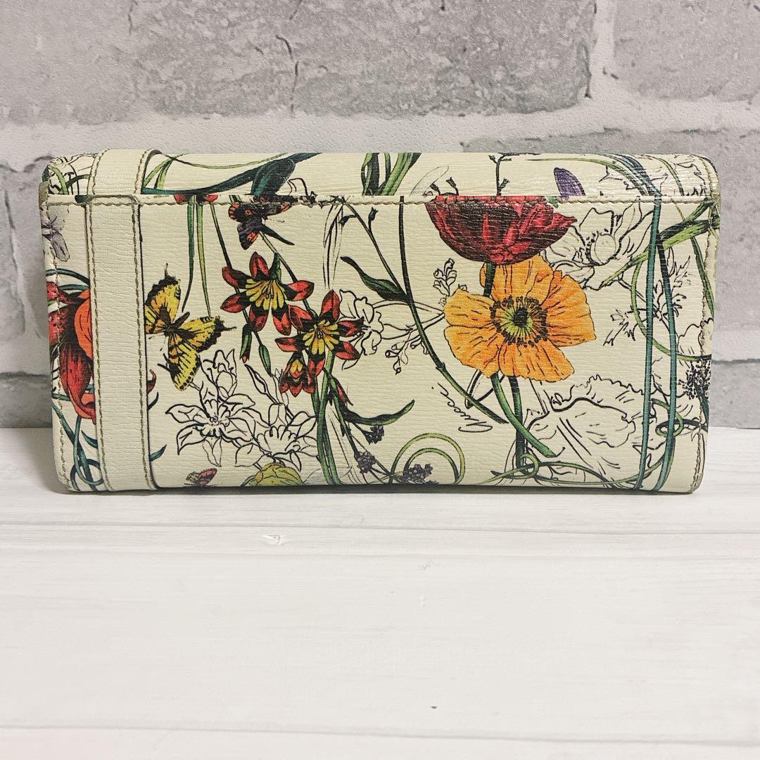 GUCCI　長財布　フローラ　ゴールド金具　レザー　白　花柄