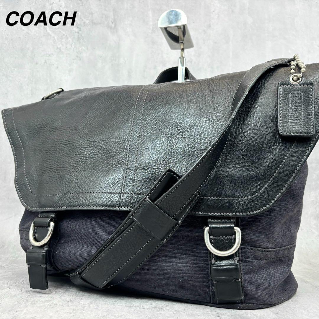 【極美品✨】 コーチ メッセンジャーバッグ ブラック ネイビー レザー 大容量