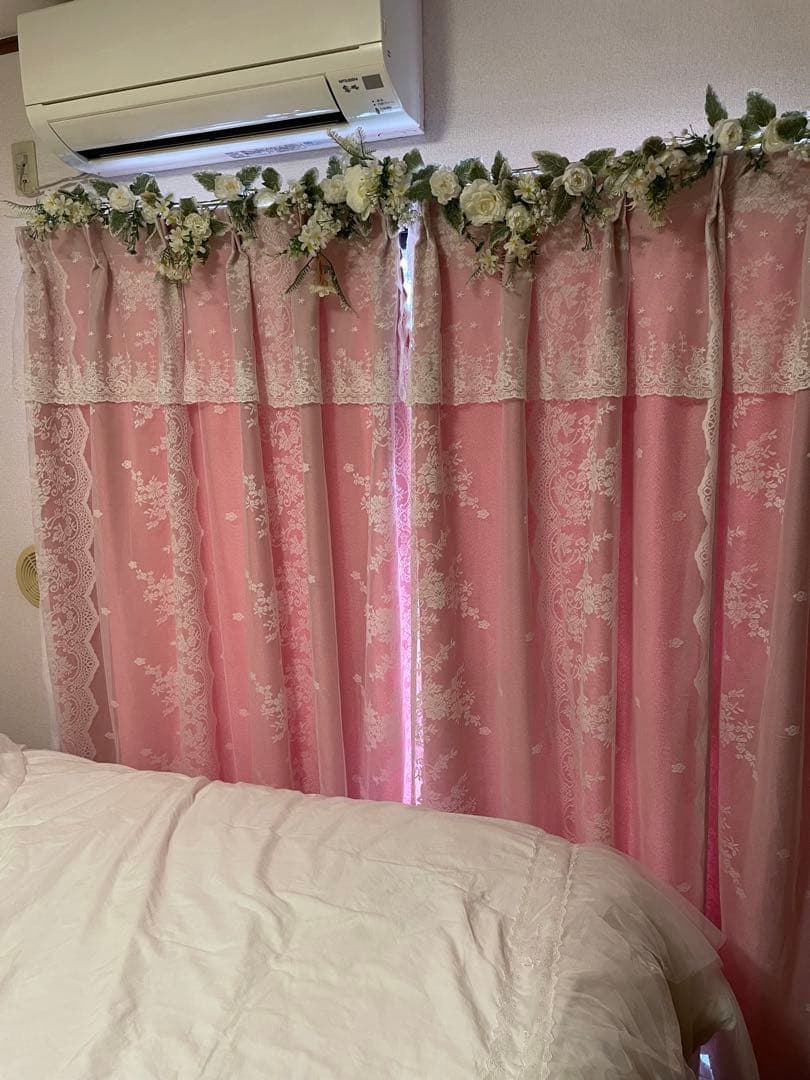オーダーメイド おしゃれ 姫系 レースカーテン一体型 遮光1級カーテン ピンク