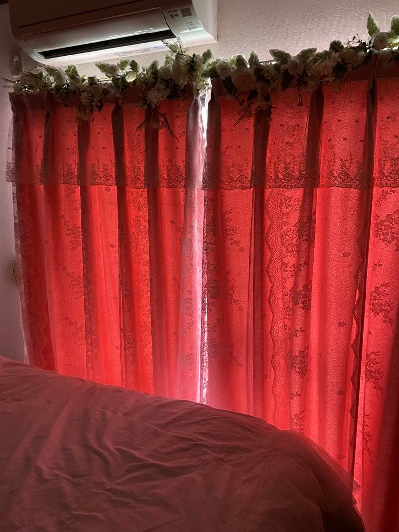 オーダーメイド おしゃれ 姫系 レースカーテン一体型 遮光1級カーテン ピンク