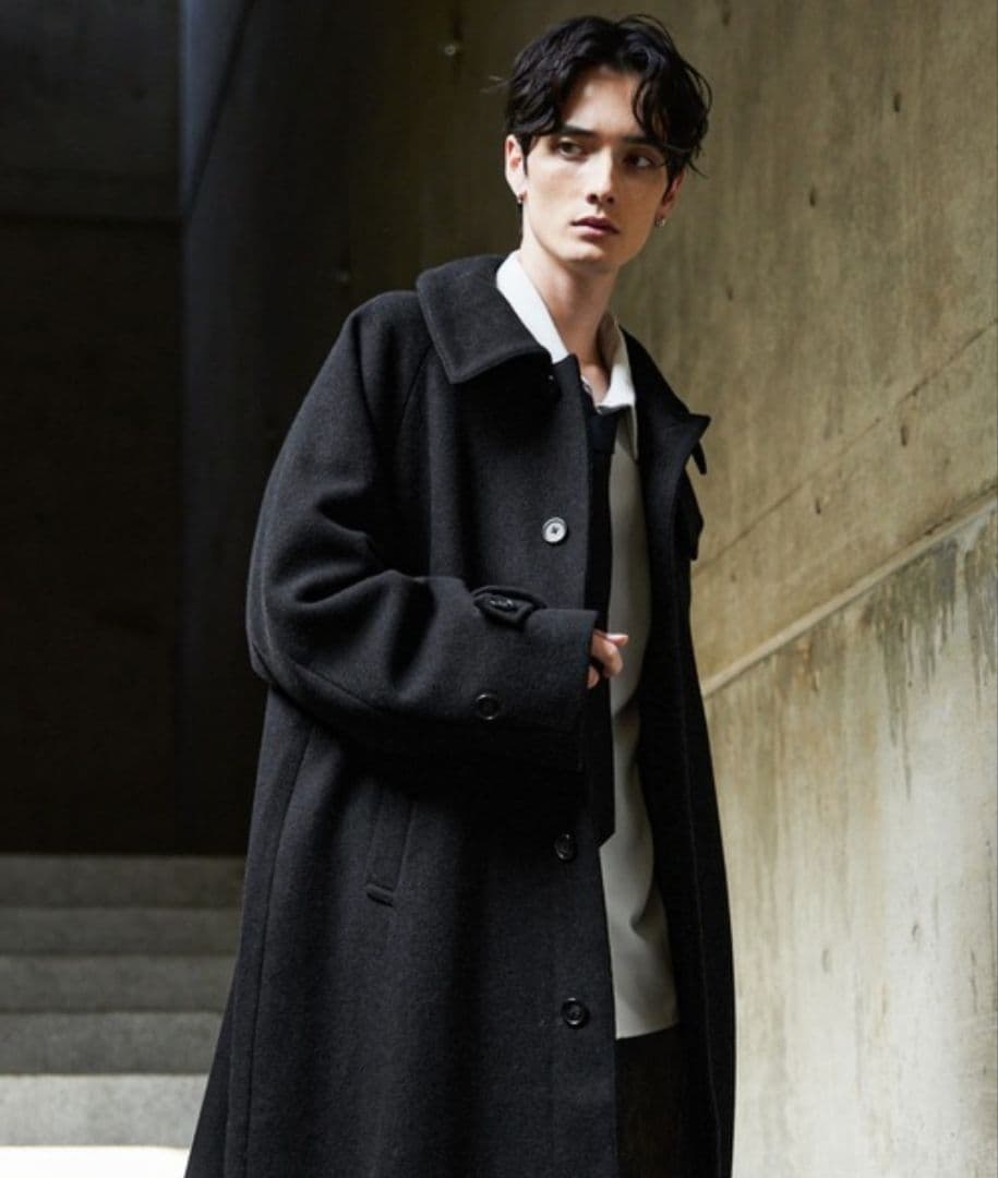 【CLEL】ウールブレンド テックメルトンステンカラーコート ブラック