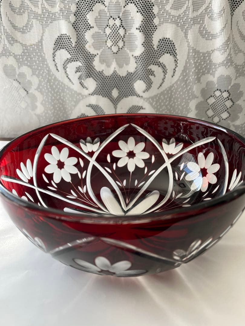 切り子　ボウル　カットガラス　ボール　被せガラス　大正浪漫　レトロ　器　お花模様
