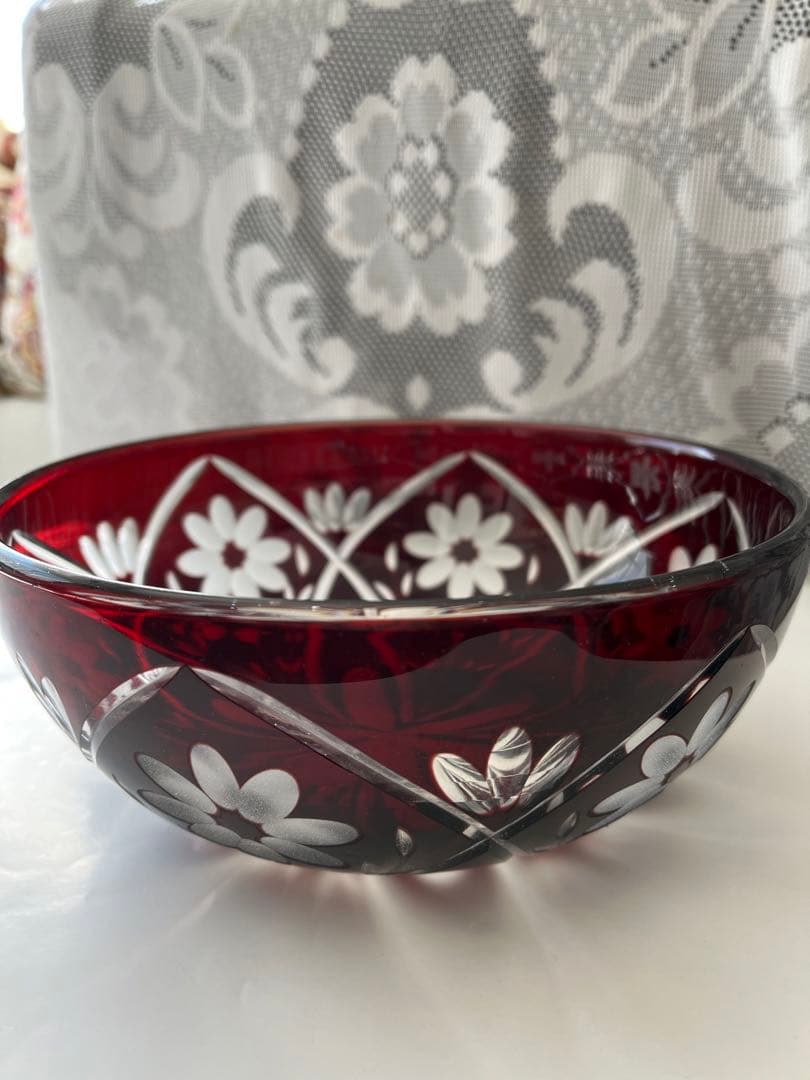 切り子　ボウル　カットガラス　ボール　被せガラス　大正浪漫　レトロ　器　お花模様