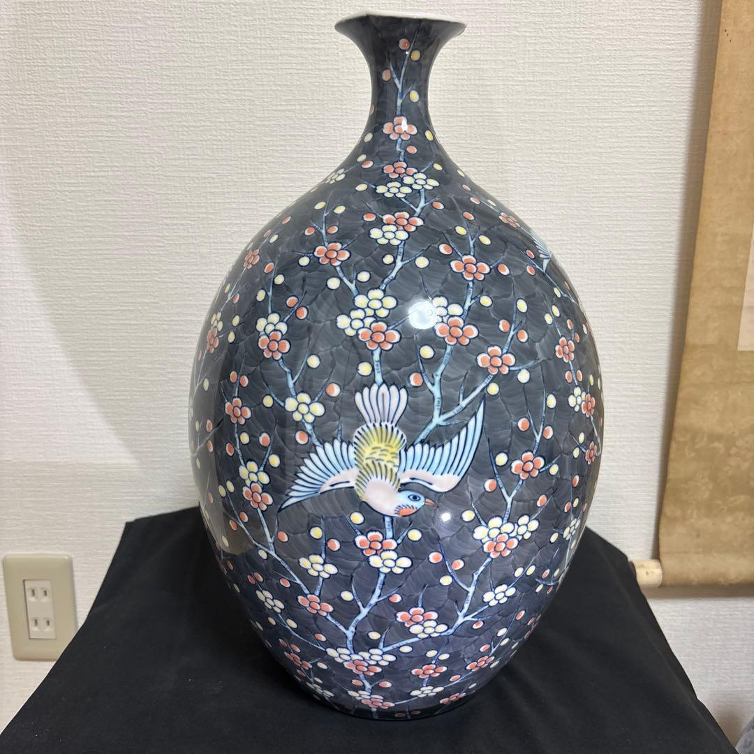 藤井朱明 壺 飾り壺 花器 日展人気作家 花瓶 有田焼 大き花鳥図高さ43cm