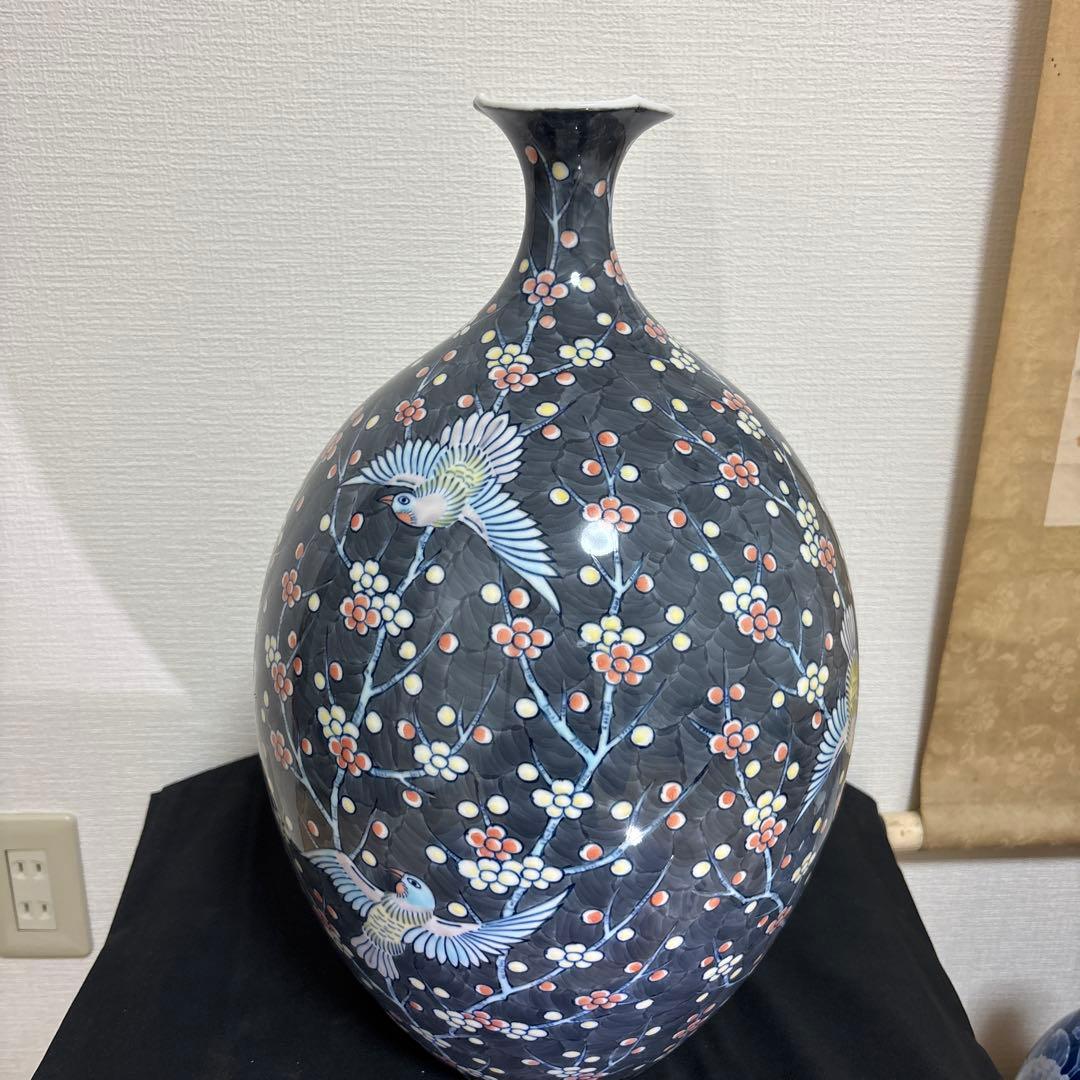 藤井朱明 壺 飾り壺 花器 日展人気作家 花瓶 有田焼 大き花鳥図高さ43cm