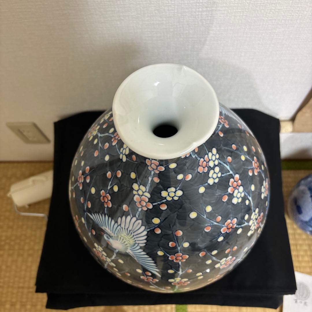 藤井朱明 壺 飾り壺 花器 日展人気作家 花瓶 有田焼 大き花鳥図高さ43cm