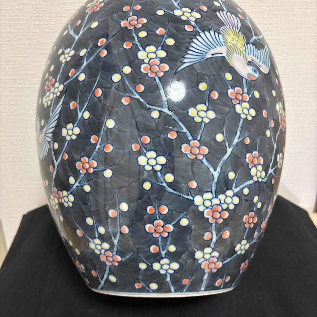 藤井朱明 壺 飾り壺 花器 日展人気作家 花瓶 有田焼 大き花鳥図高さ43cm