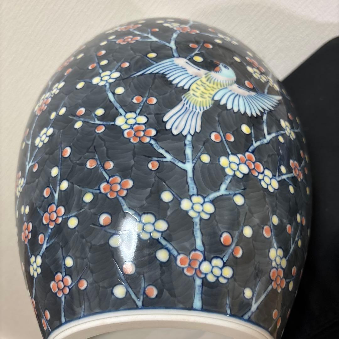 藤井朱明 壺 飾り壺 花器 日展人気作家 花瓶 有田焼 大き花鳥図高さ43cm