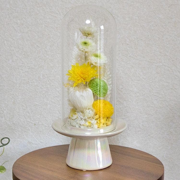 お供え用 おおきめ仏花 プリザーブドフラワーアレンジ ガラスドームで長持ち 白緑