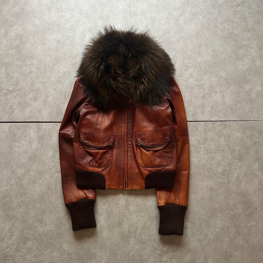 ジャケット・アウター archive grunge fur leather jacket brown