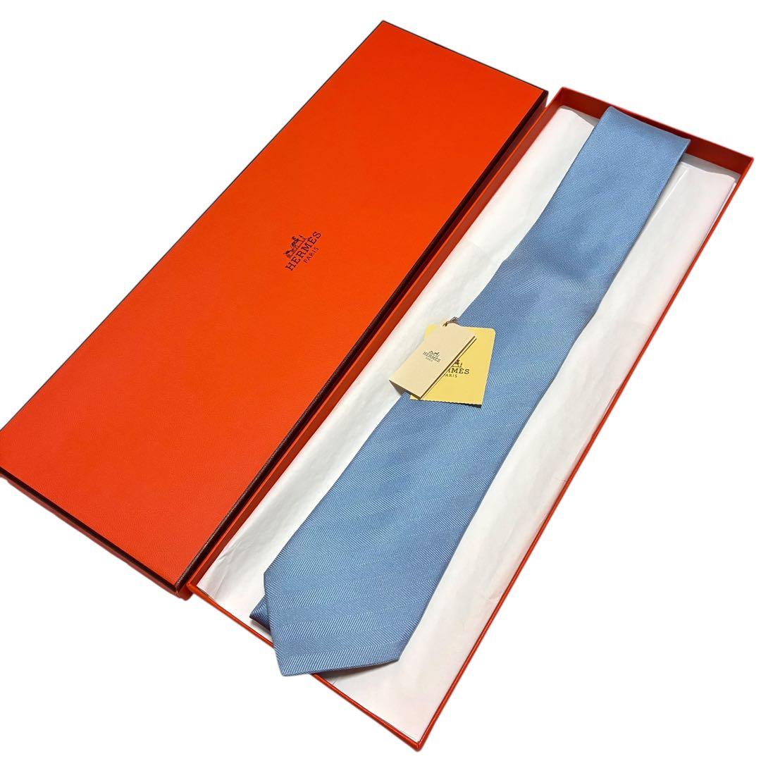 未使用 タグ 箱付 HERMES ストライプ ネクタイ 水色 ライトブルー