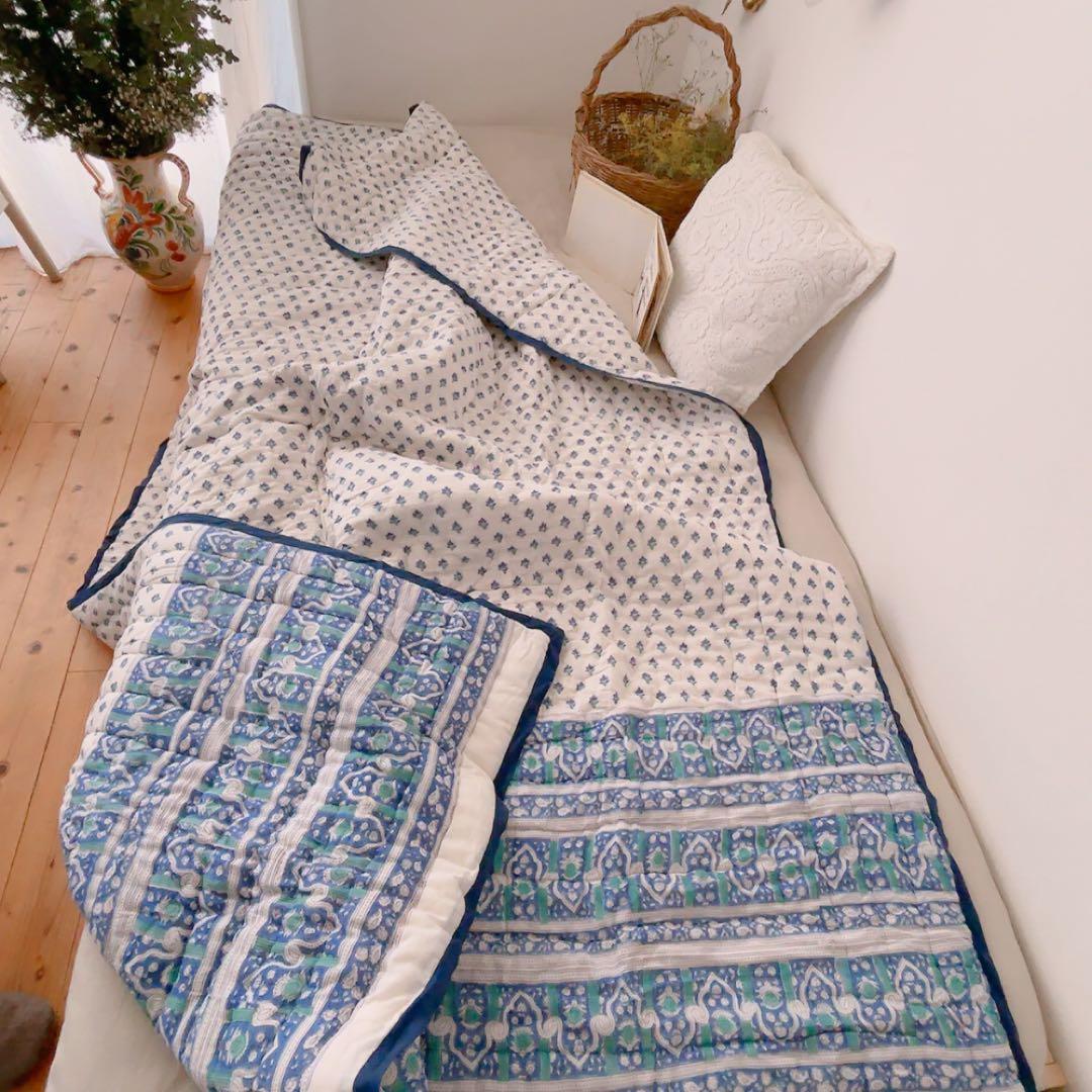 キルト　ブロックプリントキルト　インドの布団　ソファーカバー　ベッドカバー