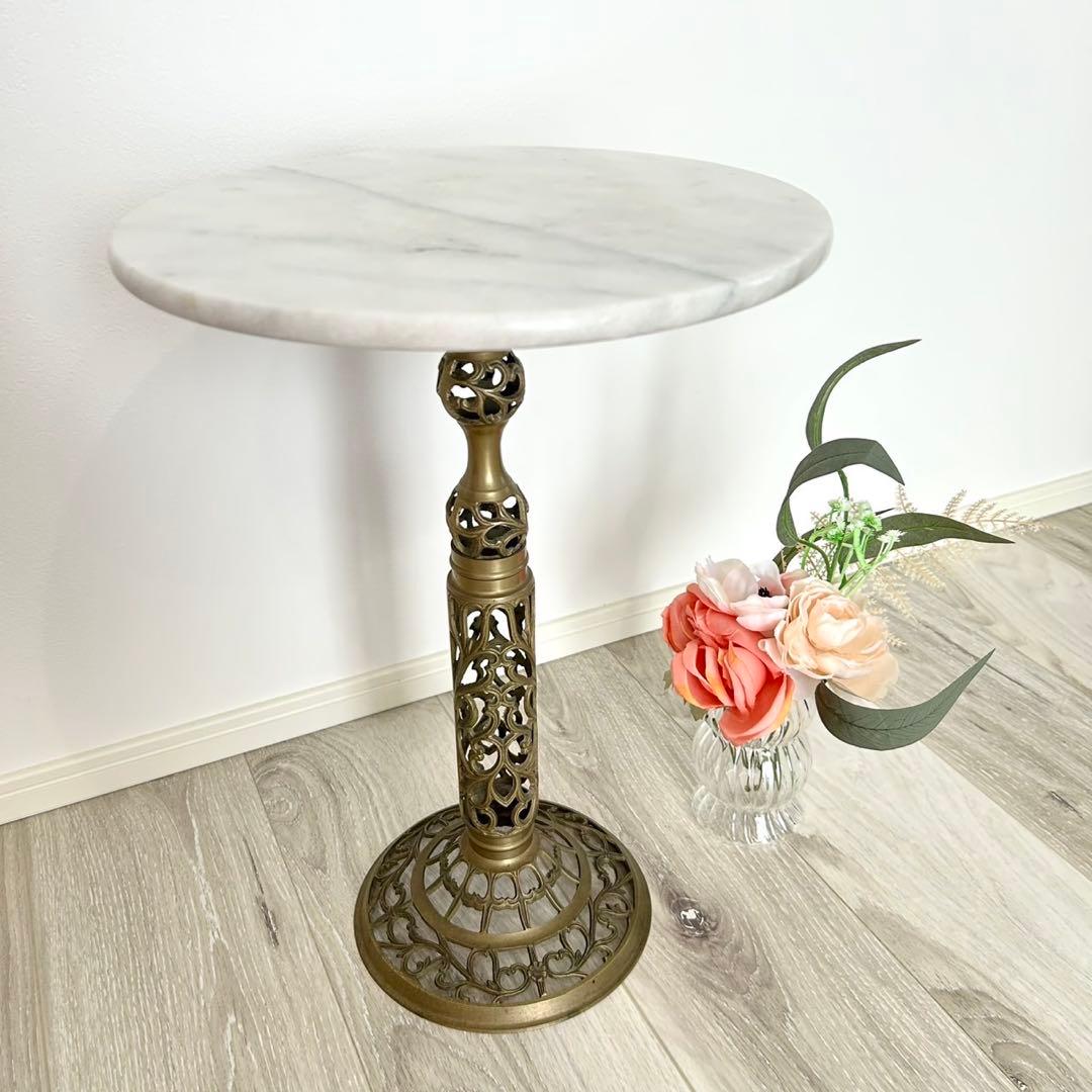 アンティーク 真鍮製 ヴィンテージ 大理石 サイドテーブル 花台 インテリア