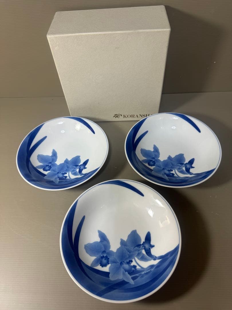 2350 香蘭社　染シンビ　深皿　3客　未使用