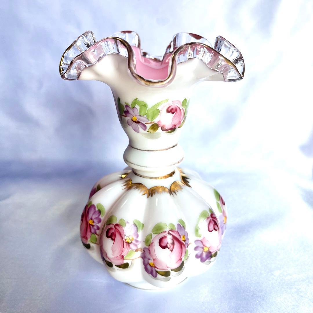 フェントン ピーチクレスト フラワーベース ローズ ペイント 金彩 ミルクガラス