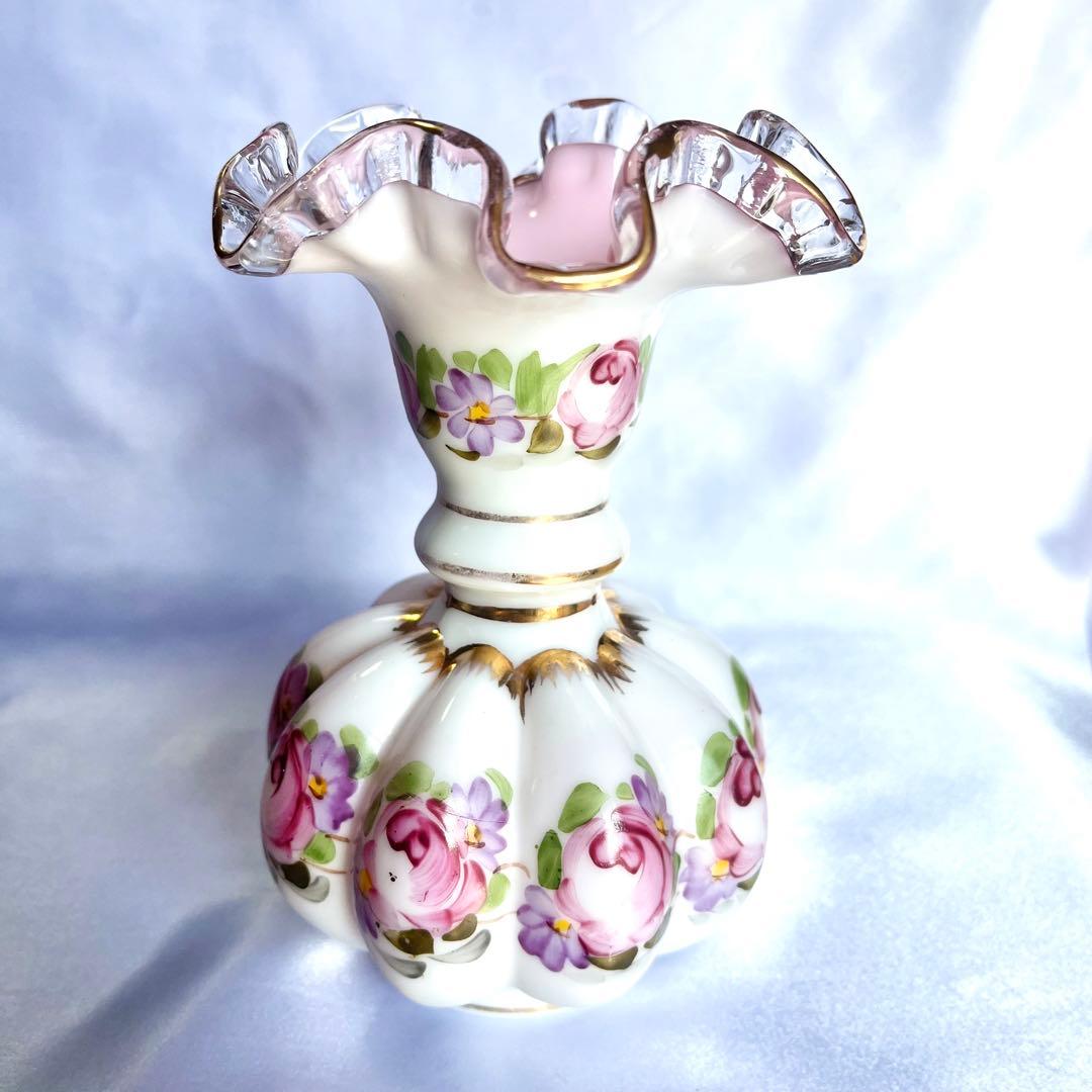 フェントン ピーチクレスト フラワーベース ローズ ペイント 金彩 ミルクガラス