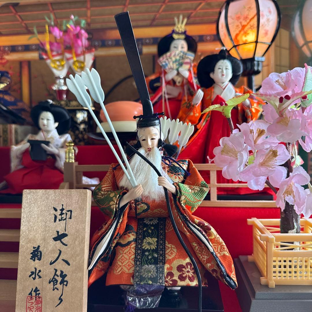 ＆【A0181】 特選 菊水作 古雛人形飾 御七人飾り オルゴール/灯り付