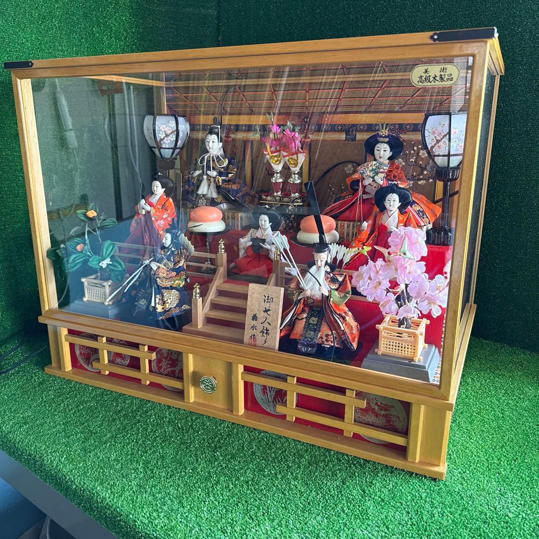 ＆【A0181】 特選 菊水作 古雛人形飾 御七人飾り オルゴール/灯り付