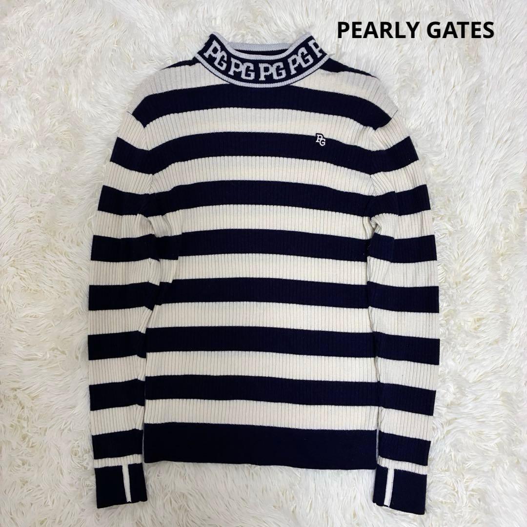 美品✨ パーリーゲイツ ウールカシミヤ ボーダー柄ハイネックニット（5）L 白紺