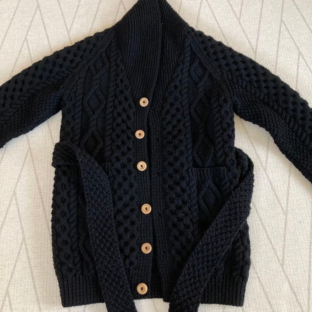 黒 ケーブル編み ベルト付きロングカーディガン