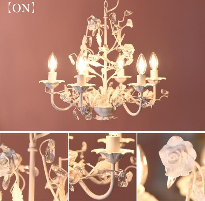 【LED電球付き】6灯ホワイトローズシャンデリア